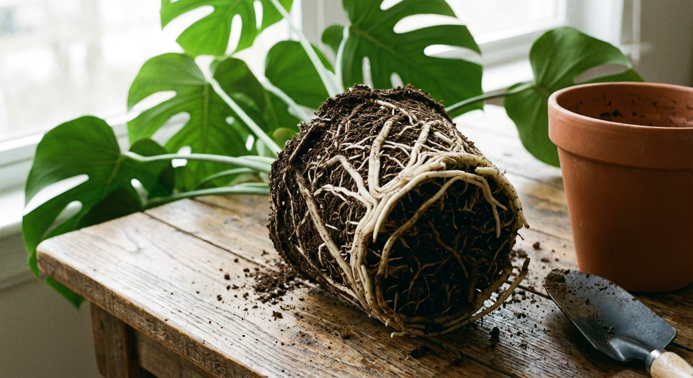 A photo of a houseplant removed from its pot with exposed roots, showing some healthy white roots and some dark mushy roots on a wooden table in natural light
