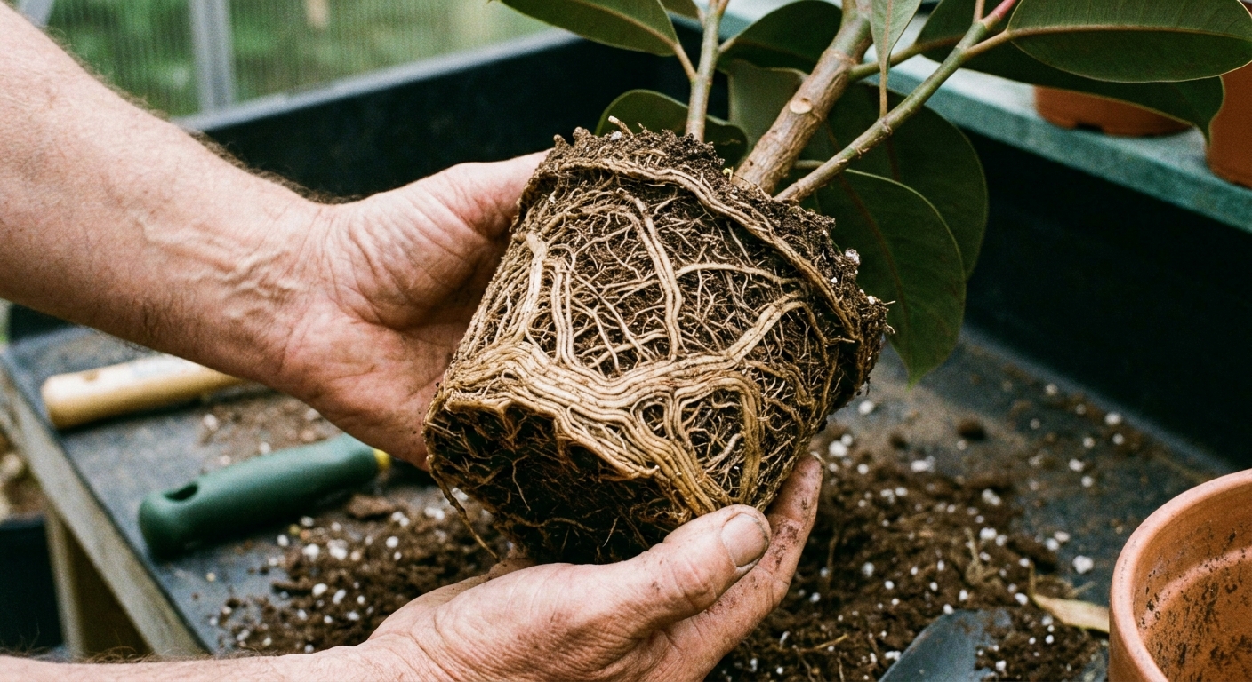 A photo of hands holding a rubber plant root ball removed from its pot, showing tightly circling roots