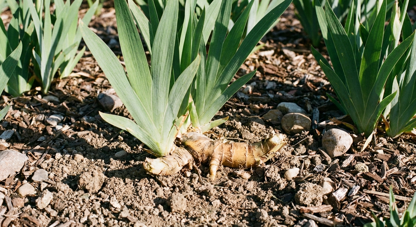 A photograph of a bearded iris rhizome planted shallow in a sunny garden bed, with the top of the rhizome exposed and the fan upright