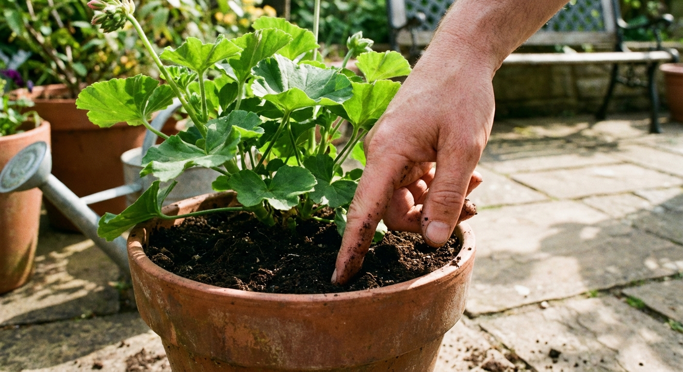 A photograph of a gardener pressing a finger into the soil of a patio pot with green geranium leaves to check moisture before watering