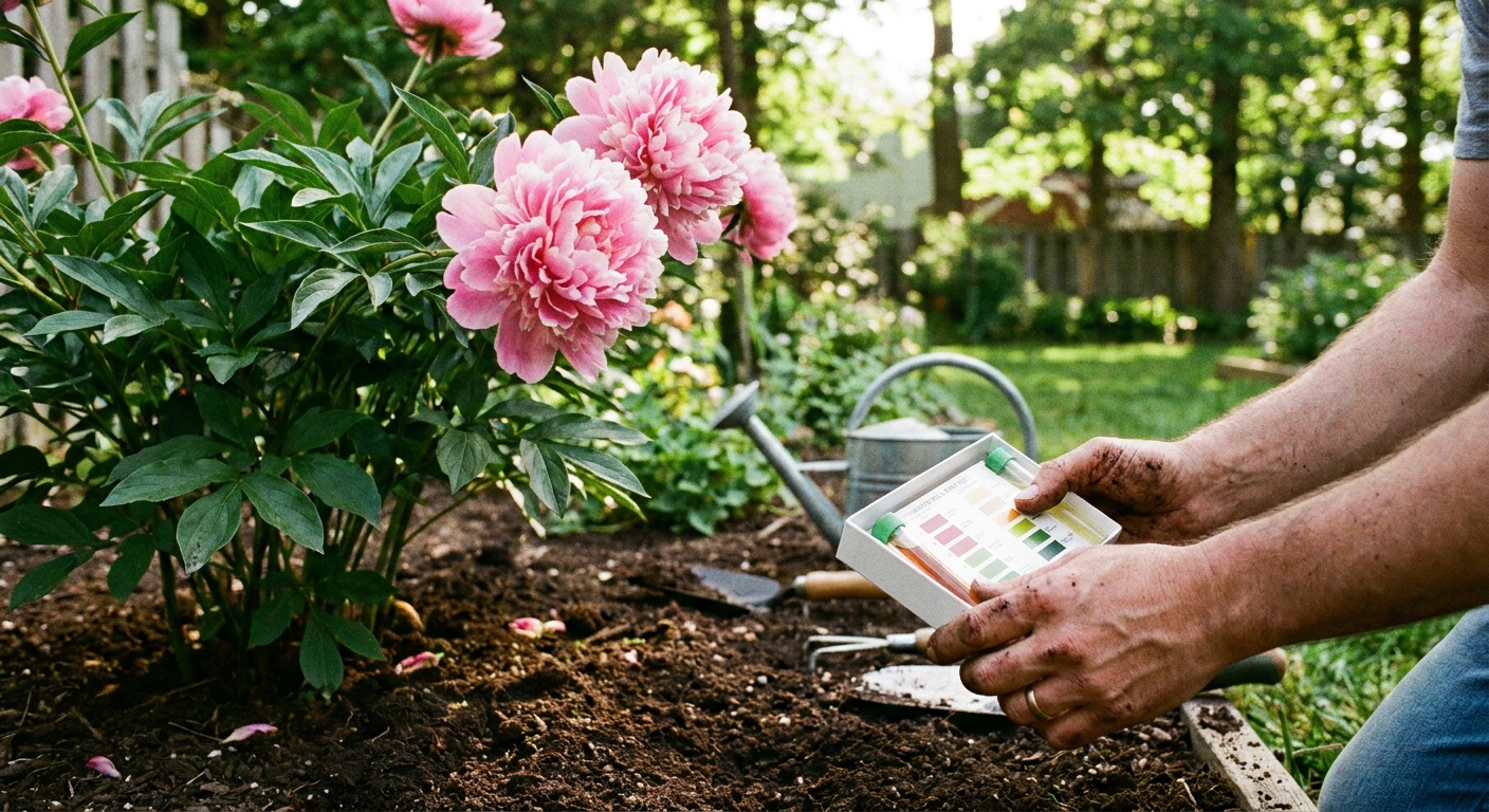 A photograph of a gardener’s hands holding a home soil test kit beside a peony plant in a backyard garden bed