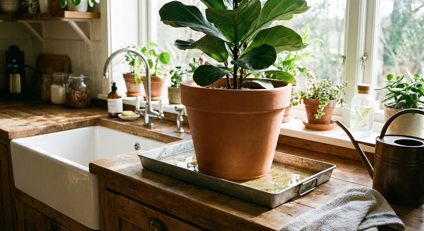 A photograph of a houseplant pot sitting in a shallow tray of water for bottom watering near a sink