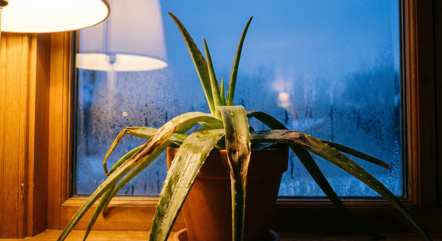 A photograph of an aloe vera plant near a window, with several outer leaves showing translucent water-soaked patches and brown collapsed areas after cold exposure, indoor evening light