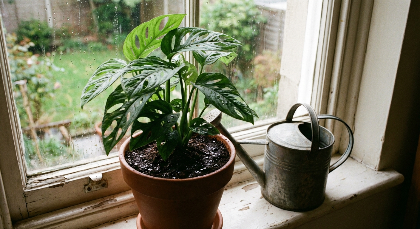 A photograph of an indoor houseplant on a windowsill with a watering can nearby and slightly damp potting soil visible