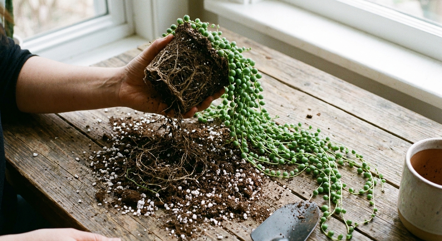 A photograph of an unpotted string of pearls plant with exposed roots and loose soil on a tabletop, showing a root inspection moment
