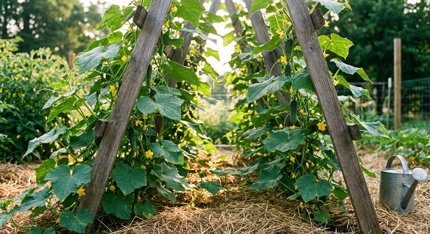 A photograph of cucumber vines climbing a simple garden trellis with open airflow between leaves