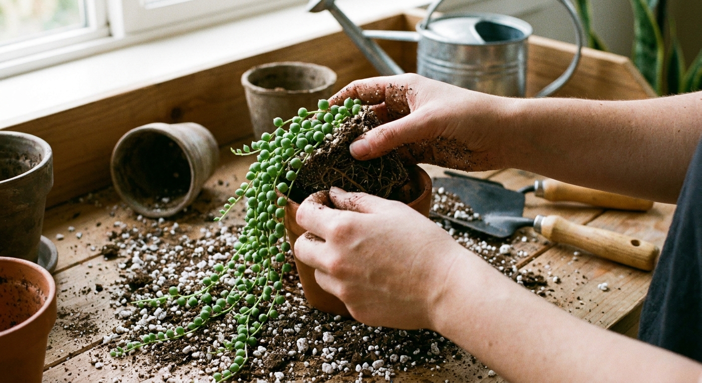 A photograph of hands repotting a string of pearls plant into a small terracotta pot with gritty succulent soil on a potting bench