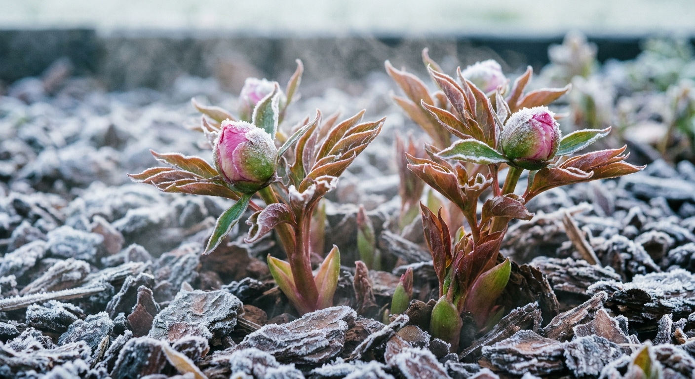 A photograph of peony buds and young leaves in a garden bed on a chilly morning with a light frost on the surrounding mulch