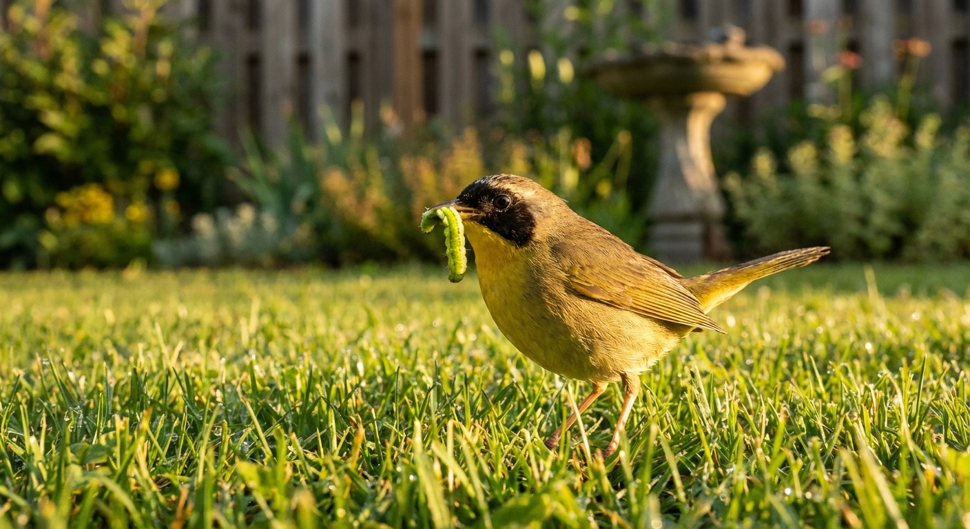 A photorealistic backyard photo of a small songbird standing on lawn grass holding a caterpillar in its beak, morning light with soft background blur