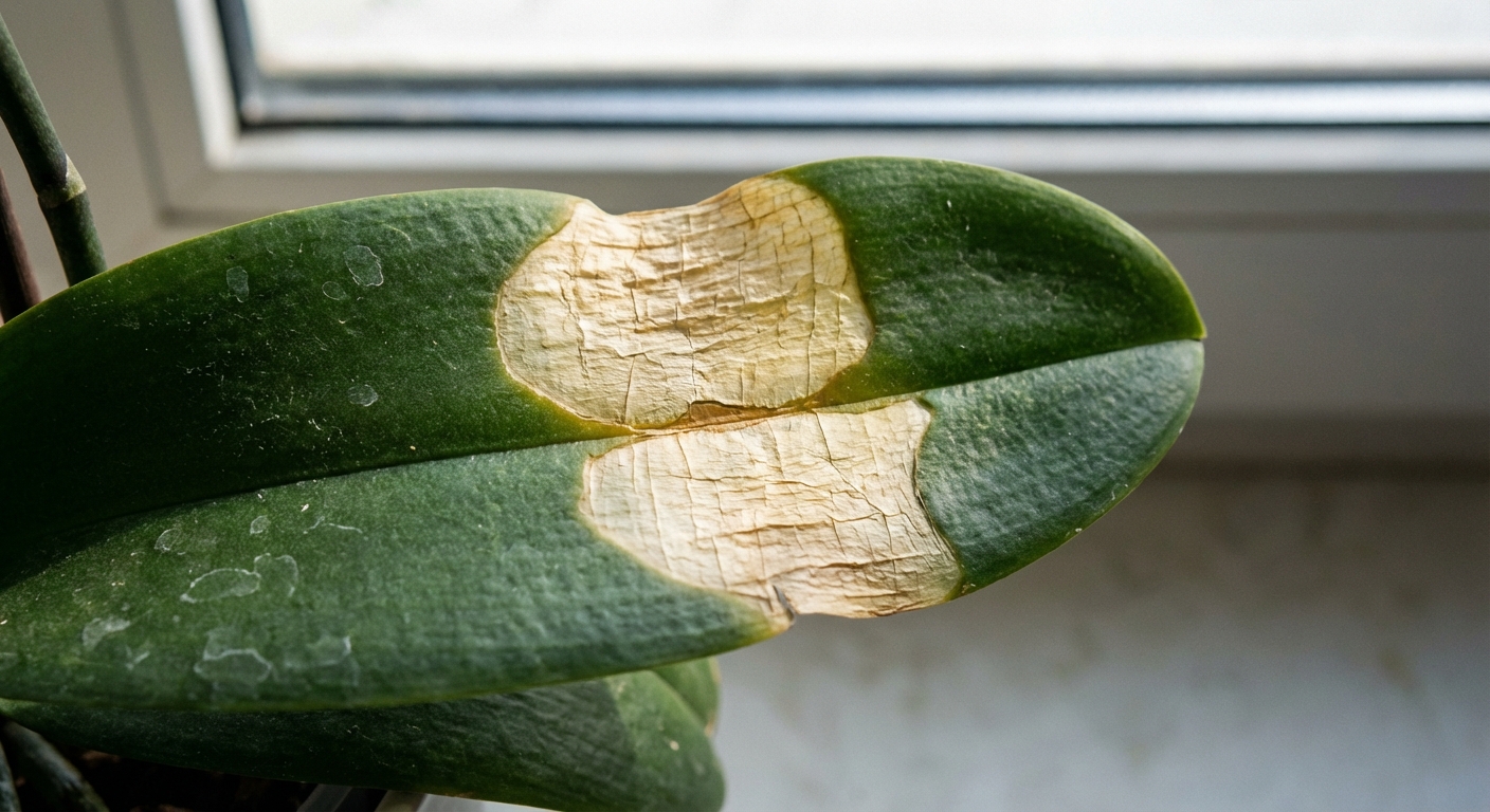 A photorealistic close-up of a Phalaenopsis orchid leaf with a sunburned patch that is pale yellow and slightly tan and papery, with the rest of the leaf green, indoor window light