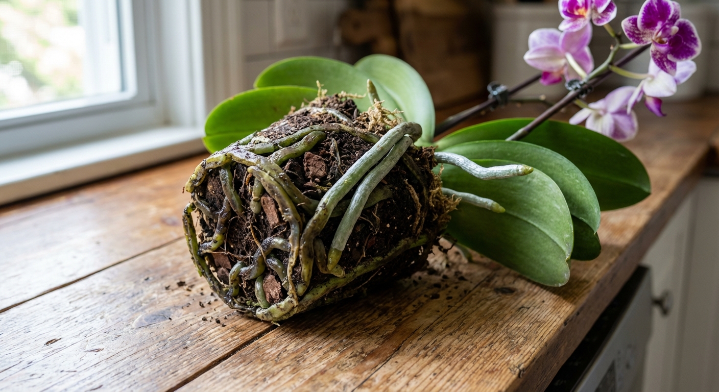 A photorealistic close-up of a Phalaenopsis orchid removed from its pot on a kitchen counter, showing several dark mushy roots mixed with a few firm silvery roots, natural window light