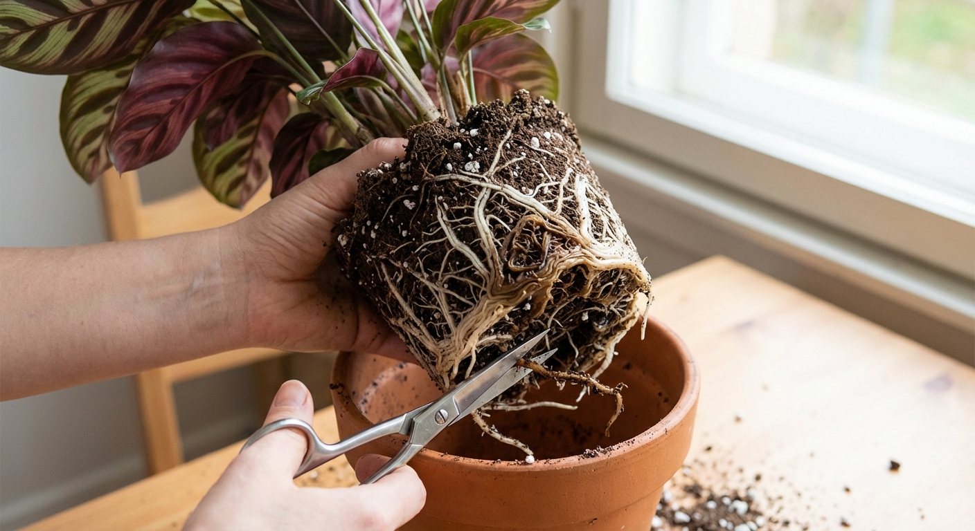 A photorealistic close-up of a calathea being removed from its pot, with visible roots and some dark mushy sections being trimmed with clean scissors, indoor natural light