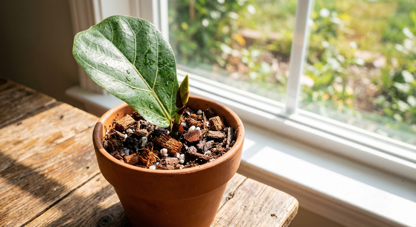 A photorealistic close-up of a small nursery pot filled with chunky indoor potting mix and a fiddle leaf fig cutting planted upright, sitting on a wooden table near a bright window