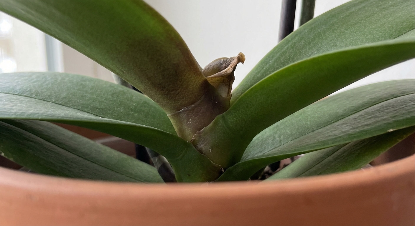 A photorealistic close-up of the top of a Phalaenopsis orchid showing the central crown area with darkened soft tissue and a missing newest leaf, shot in natural indoor light