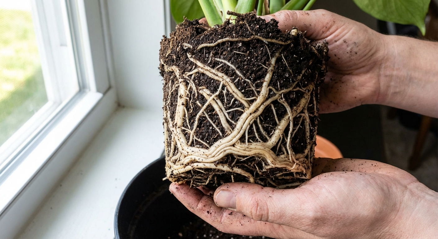 A photorealistic close-up photo of a healthy houseplant root ball held gently in two hands, showing firm, pale cream roots threading through lightly moist potting mix, bright natural indoor light