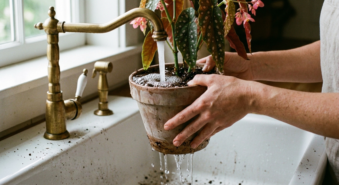 A photorealistic close-up photograph of a person watering a potted begonia at a sink, with water flowing into the soil and draining from the pot’s bottom holes
