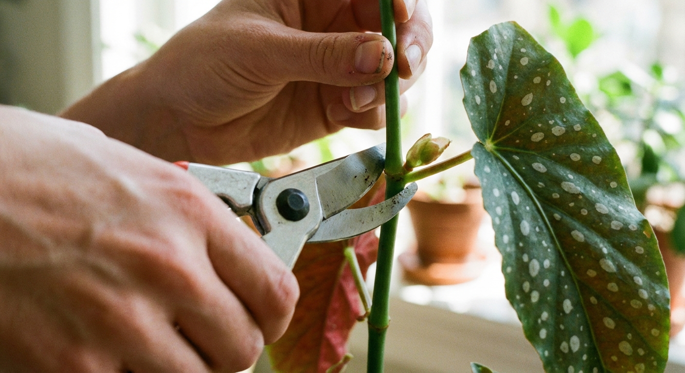 A photorealistic close-up photograph of hands using clean pruning shears to snip the tip of an angel wing begonia stem just above a leaf node, indoors near a bright window