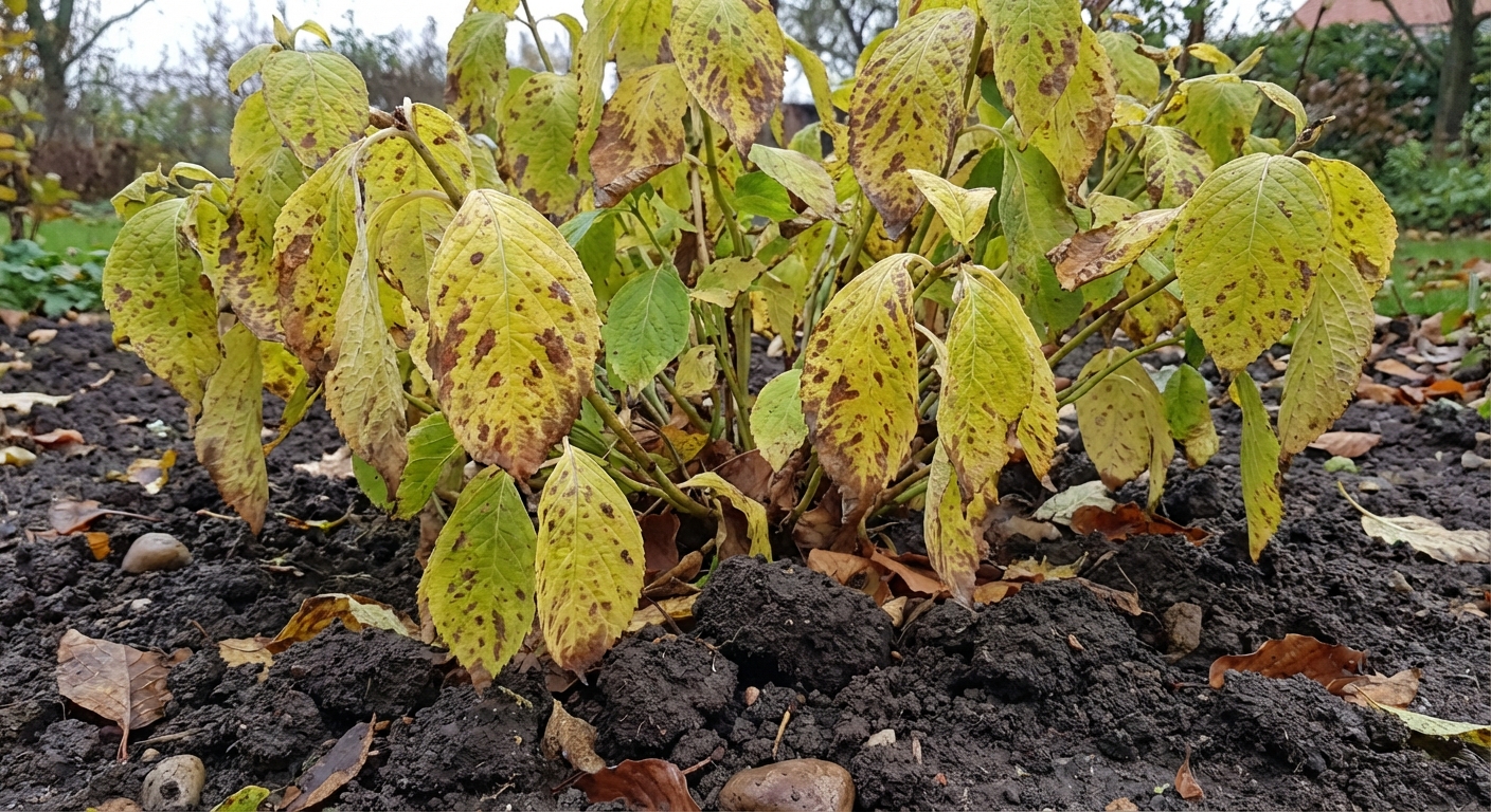 A photorealistic garden photo of a hydrangea with drooping leaves that are yellowing with scattered brown patches, with dark, wet soil visible beneath the plant