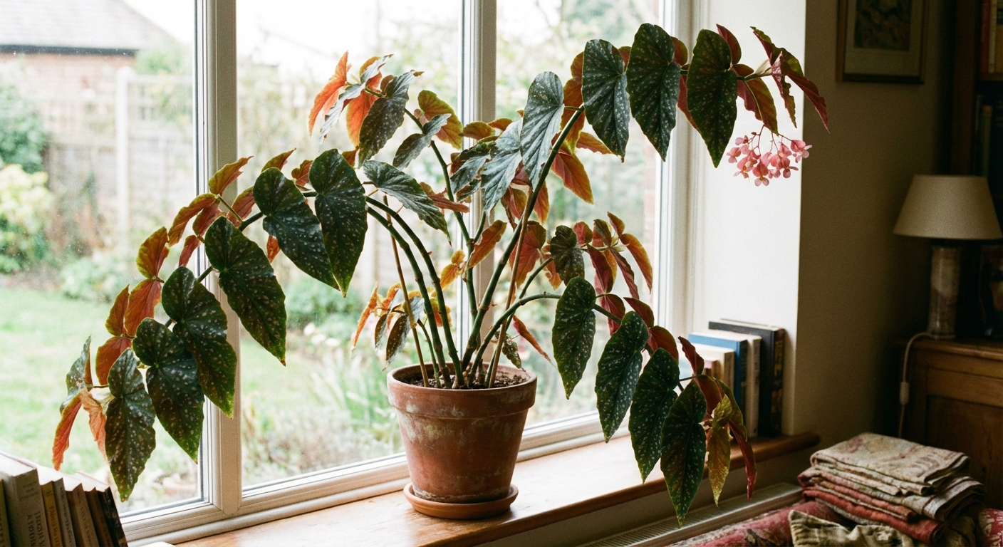 A photorealistic houseplant photograph of an angel wing begonia in a terracotta pot indoors, showing tall cane stems, spotted wing-shaped leaves, and a small cluster of pink blooms near a bright window