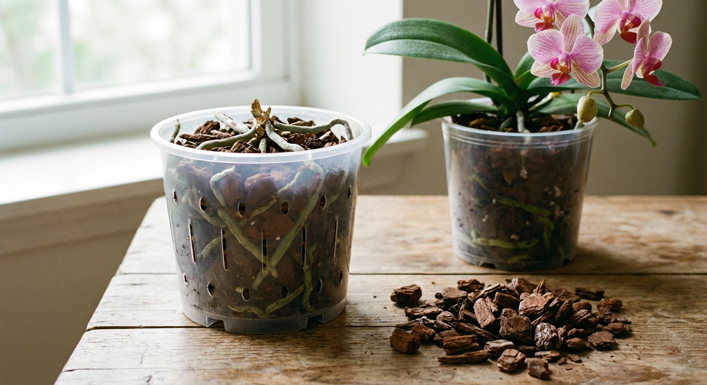 A photorealistic image of a clear plastic orchid pot with multiple drainage holes sitting on a table next to an orchid and a handful of bark mix, shot in soft daylight