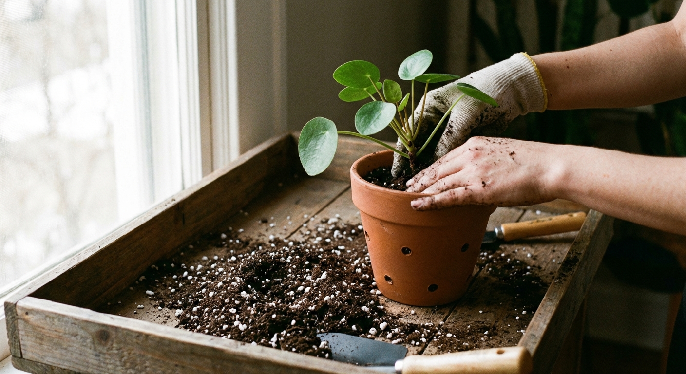 A photorealistic indoor photo of hands repotting a small houseplant into a terracotta pot with drainage holes, fresh potting mix and perlite visible on a potting tray, soft natural window light