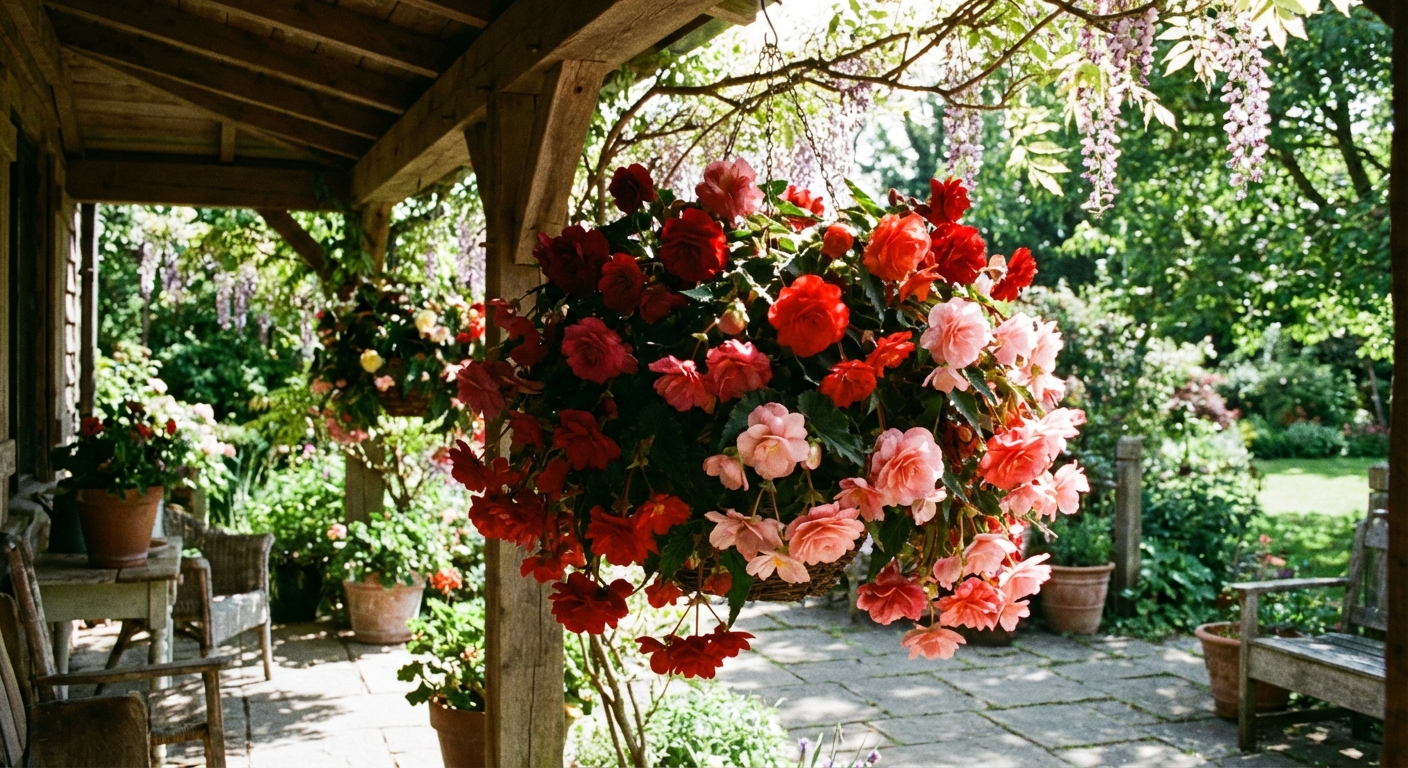 A photorealistic outdoor garden photograph of a hanging basket overflowing with tuberous begonias in shades of red and pink, hanging under a shaded porch with dappled light