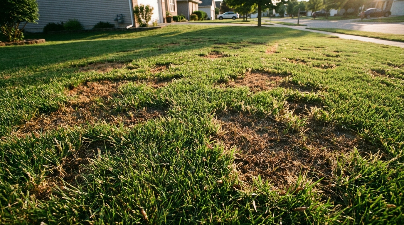 A photorealistic wide shot of a suburban lawn with irregular brown patches and ragged grass edges, showing fresh armyworm feeding damage in late afternoon light