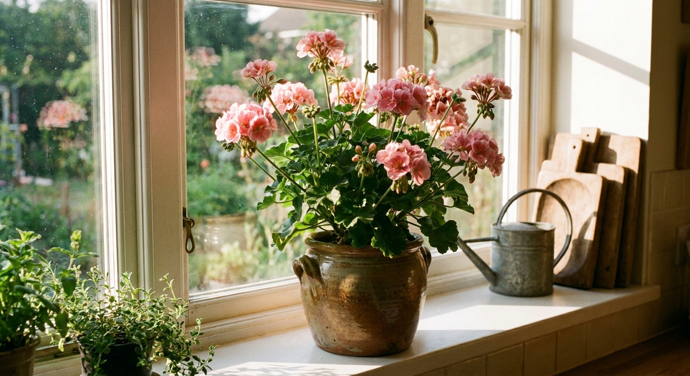A pink geranium growing indoors in a ceramic pot on a sunny kitchen windowsill with soft morning light, real photo