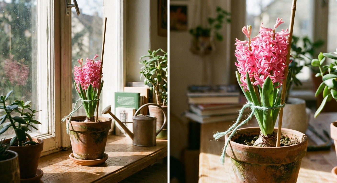 A pink hyacinth in a pot indoors with a thin bamboo stake and a soft green tie supporting the flower spike