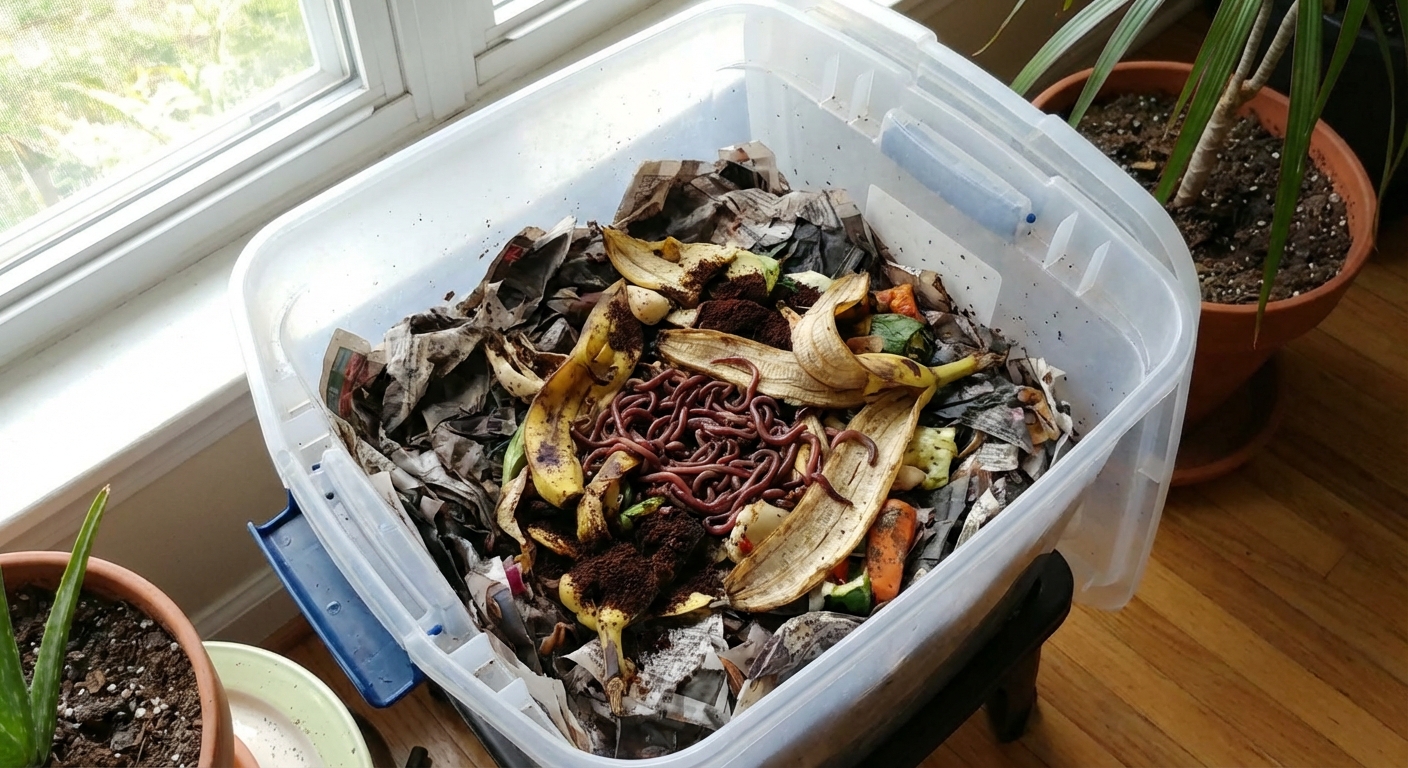 A plastic worm composting bin with the lid open indoors, showing damp shredded paper bedding and red wiggler worms near banana peels, natural window light, photorealistic