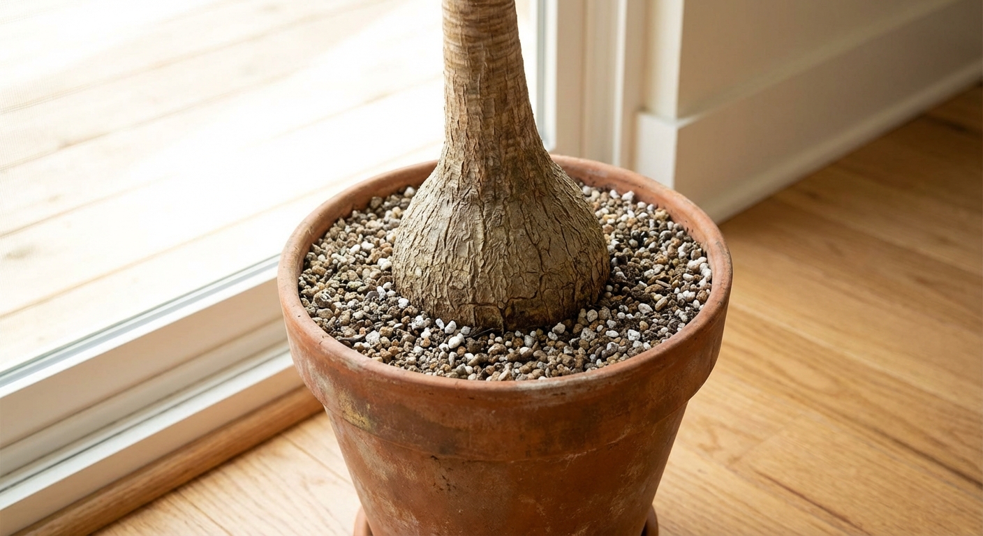 A ponytail palm planted in a plain terracotta pot on a hardwood floor, showing gritty fast-draining soil at the surface and the plant's thick trunk, natural window light, photorealistic