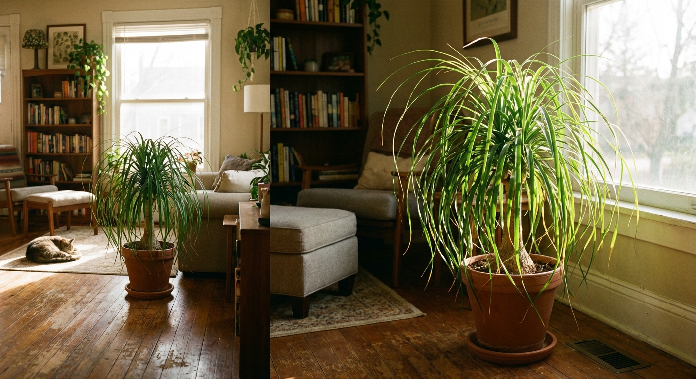 A ponytail palm sitting on the floor beside a sunny living room window, leaves arcing outward with light catching the tips, realistic indoor home setting, photorealistic