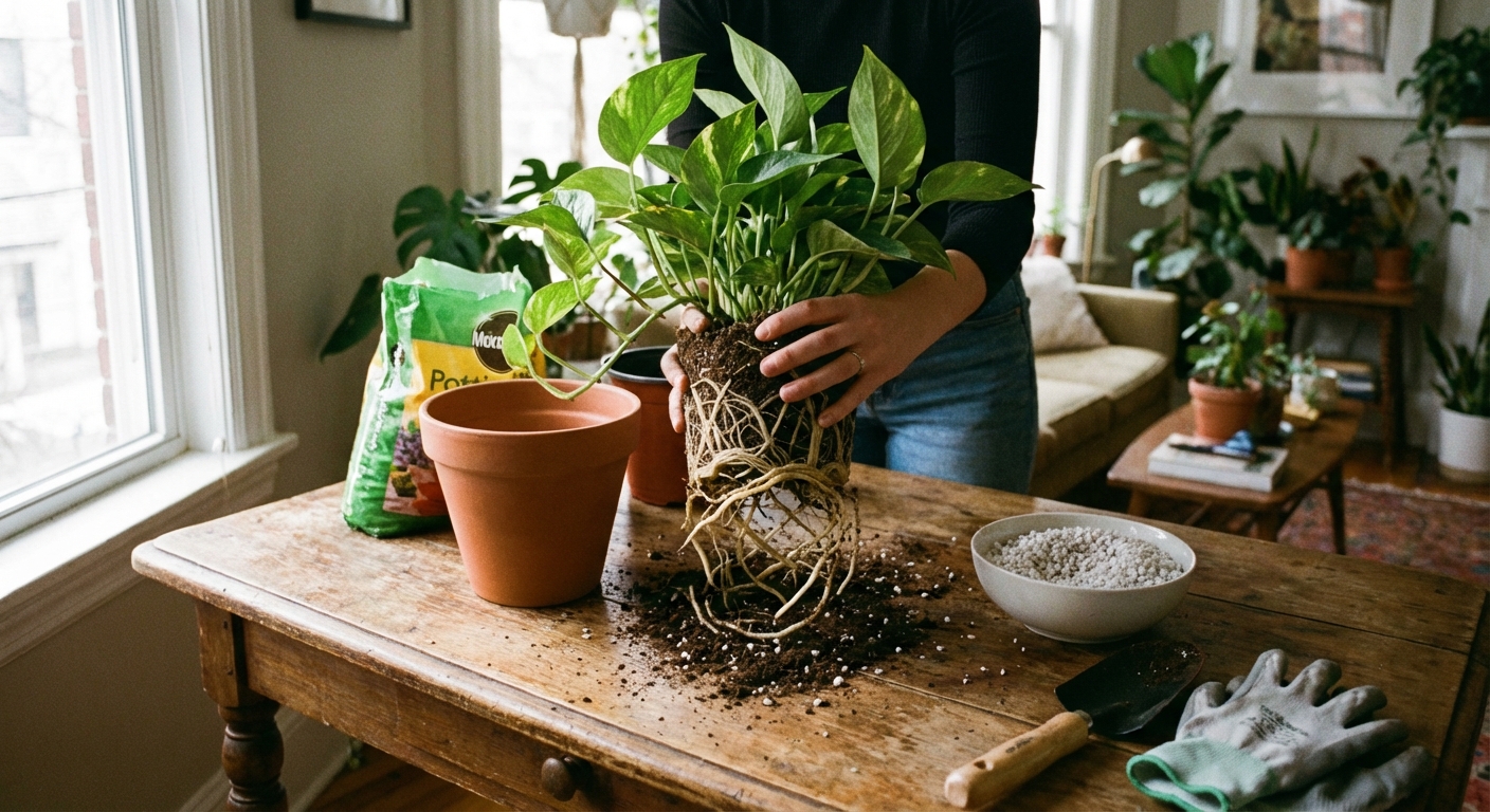 A pothos plant being repotted on a wooden table with potting mix and perlite nearby, roots visible but healthy and pale, natural indoor daylight, realistic photography