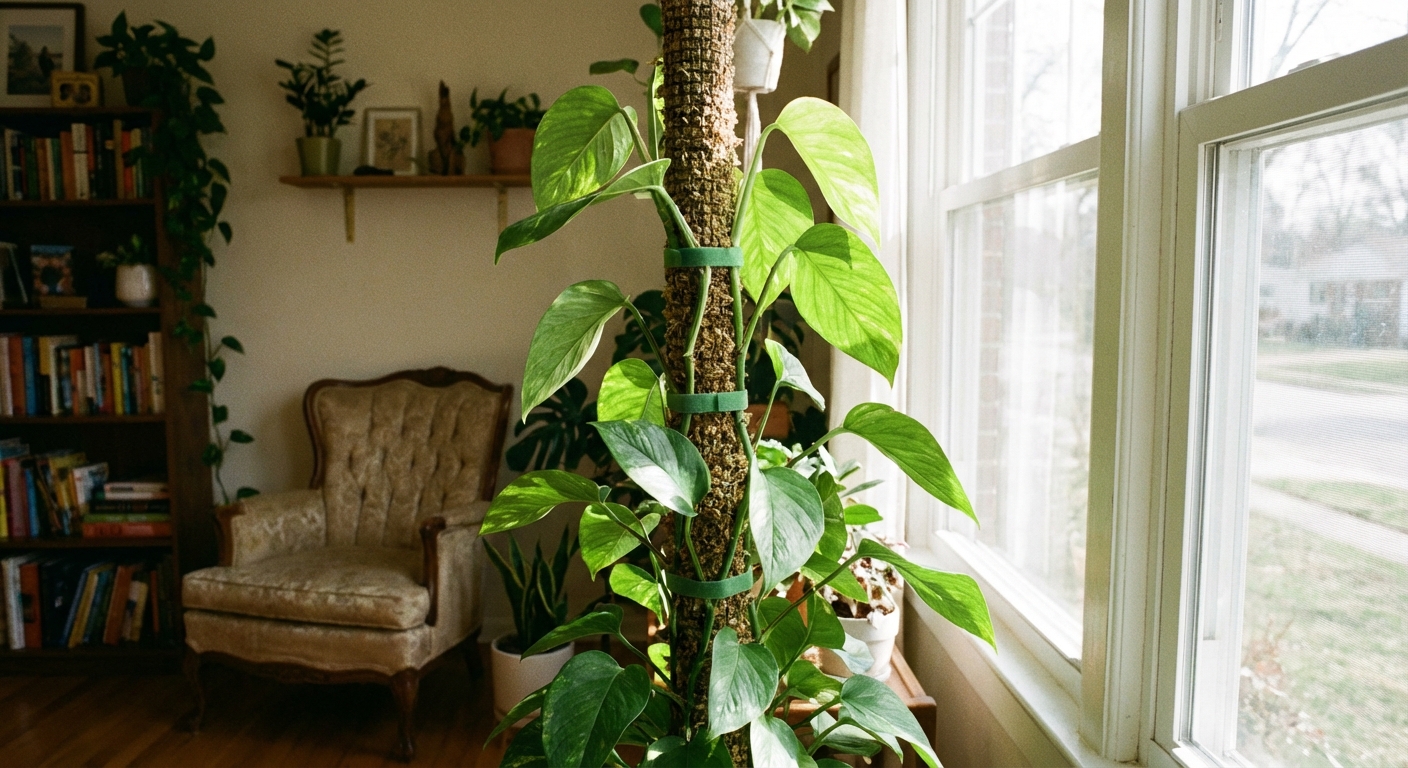 A pothos plant trained up a moss pole in a living room corner, leaves facing the light, velcro plant ties visible, realistic indoor photography
