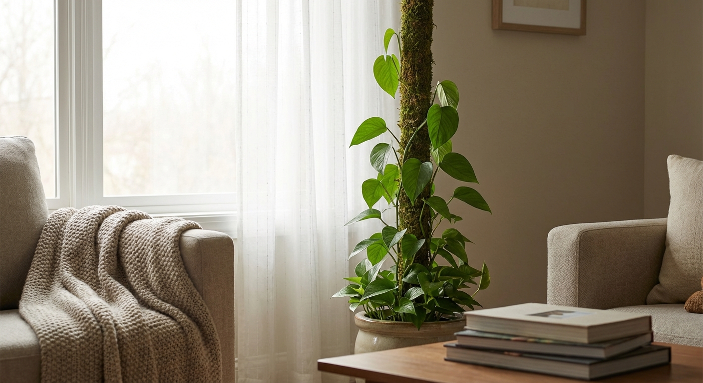A pothos vine climbing a moss pole beside a bright window with sheer curtain, leaves evenly lit with no direct sun beams hitting them, cozy indoor scene, realistic photography