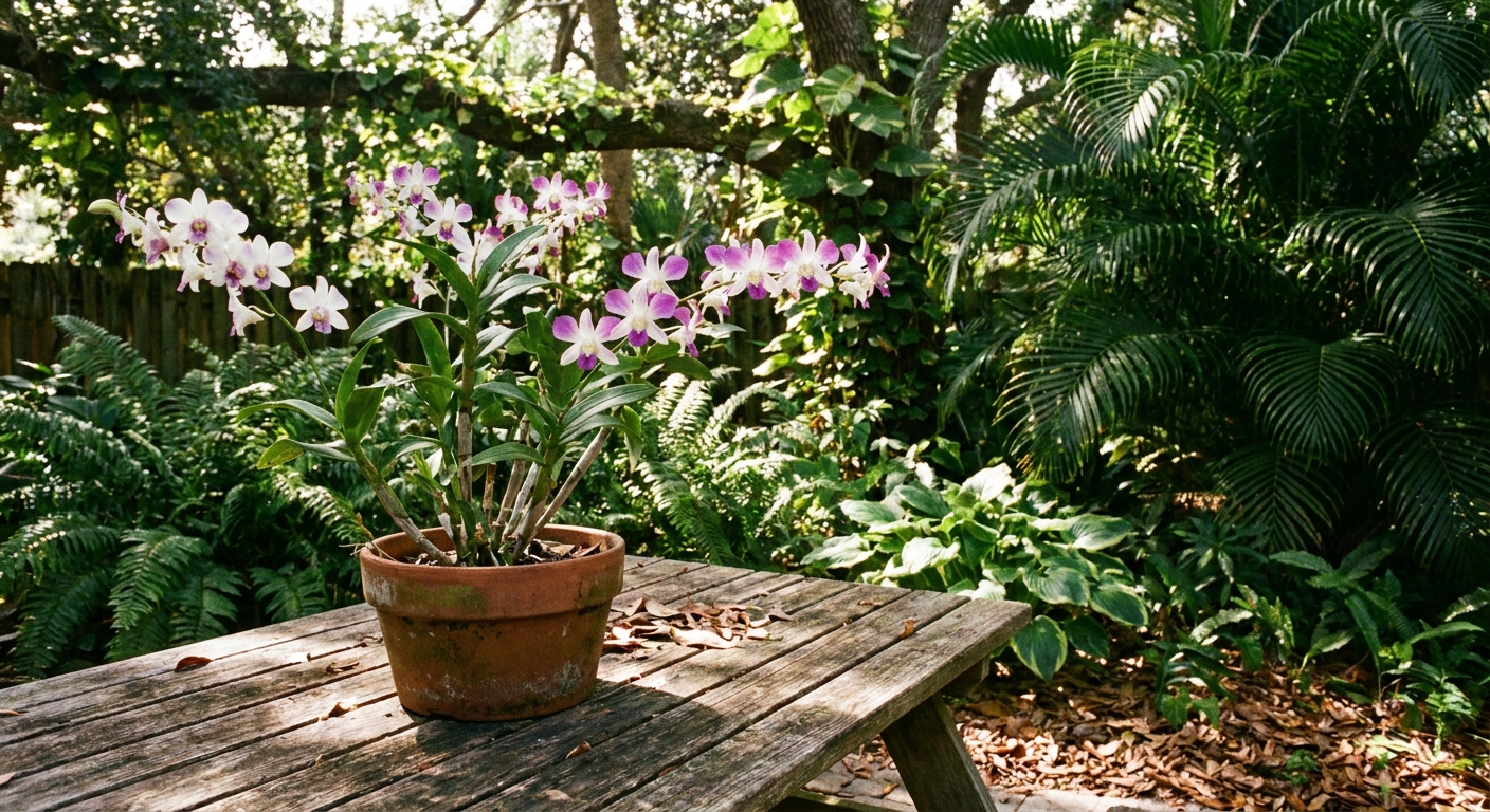 A potted Dendrobium orchid sitting on a shaded patio table with dappled morning light and lush green foliage