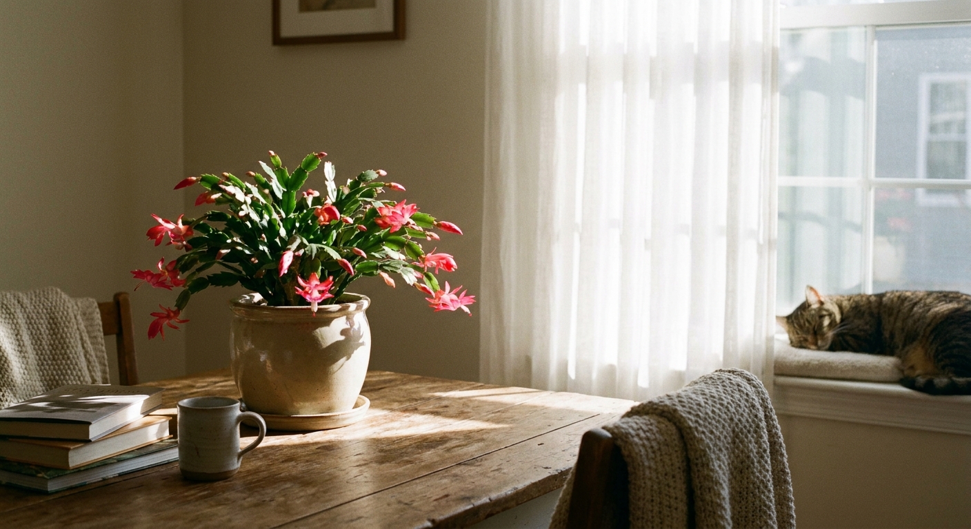 A potted Easter cactus sitting on a table a few feet from a sunny window with a sheer curtain, bright indirect light, cozy indoor scene