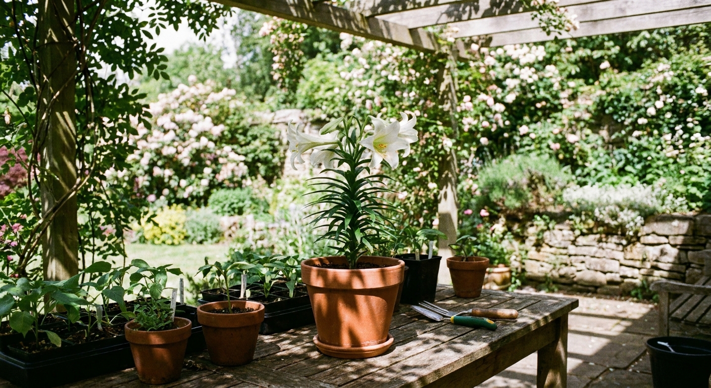 A potted Easter lily sitting on a shaded patio outdoors during hardening off, with dappled light and a gentle garden background, realistic photography style