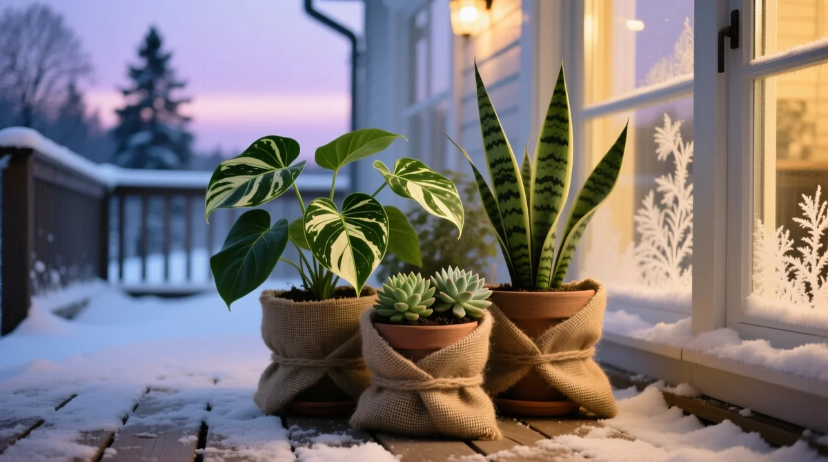 A potted Japanese maple in winter with the container wrapped in burlap for insulation on a sheltered porch, real photograph