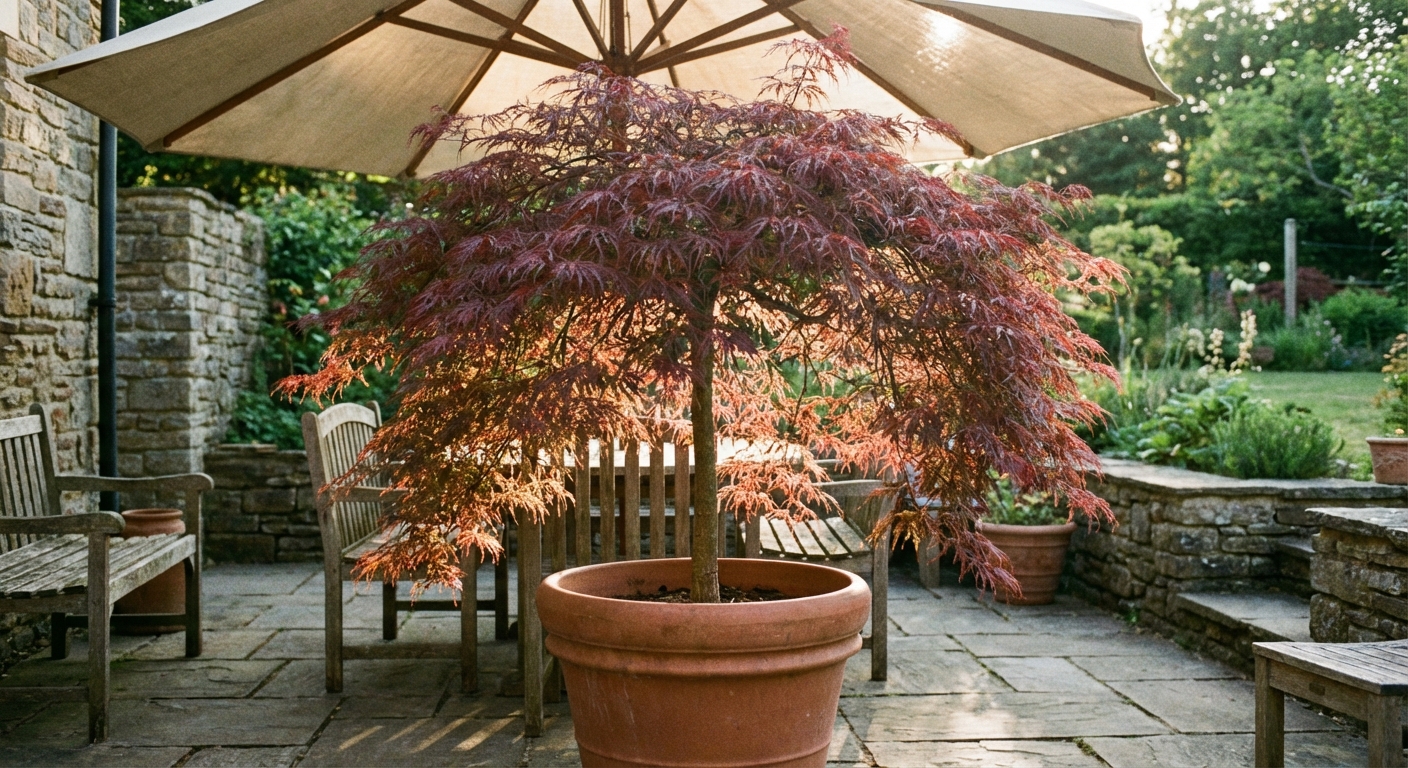 A potted Japanese maple placed under a patio umbrella casting soft shade during afternoon sun, real photograph