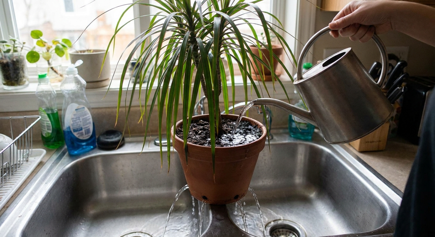 A potted dracaena being watered thoroughly in a kitchen sink, with water draining from the pot holes as the soil is flushed, real life indoor plant care photo