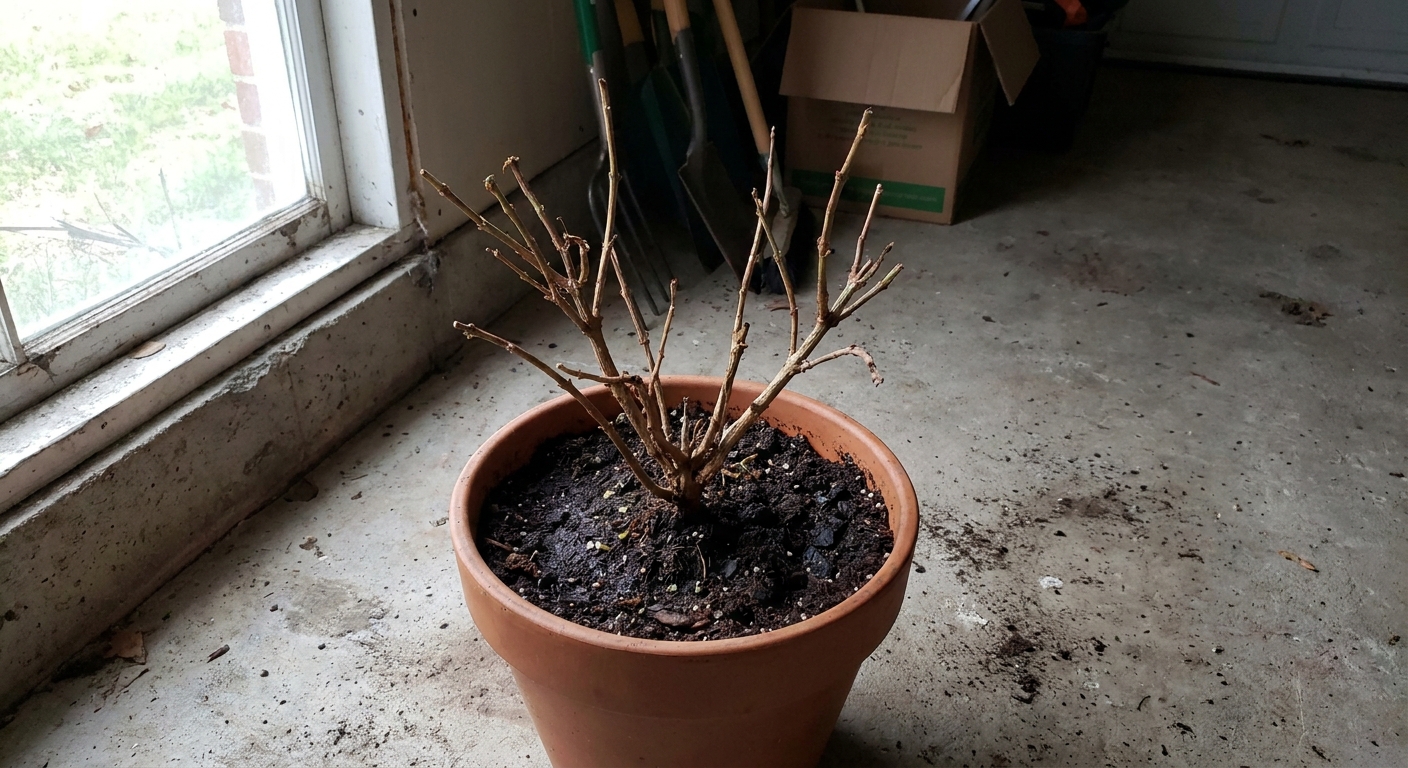 A potted fuchsia cut back for winter resting on a garage floor near a small window, with sparse stems and slightly moist soil