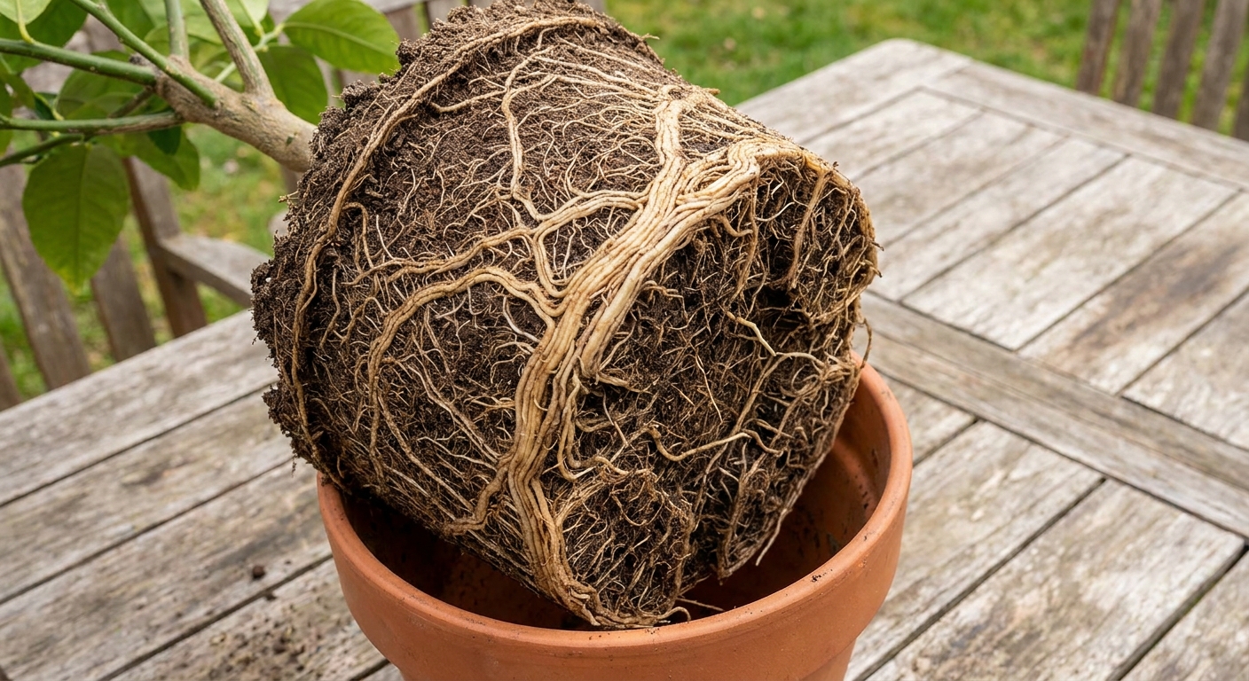 A potted lemon tree rootball lifted from its container, showing circling roots around the outside