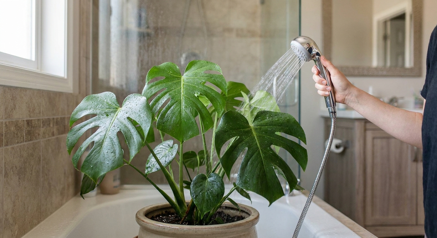 A potted monstera being gently rinsed with lukewarm shower water in a bathroom, leaves glistening with droplets, realistic indoor photo