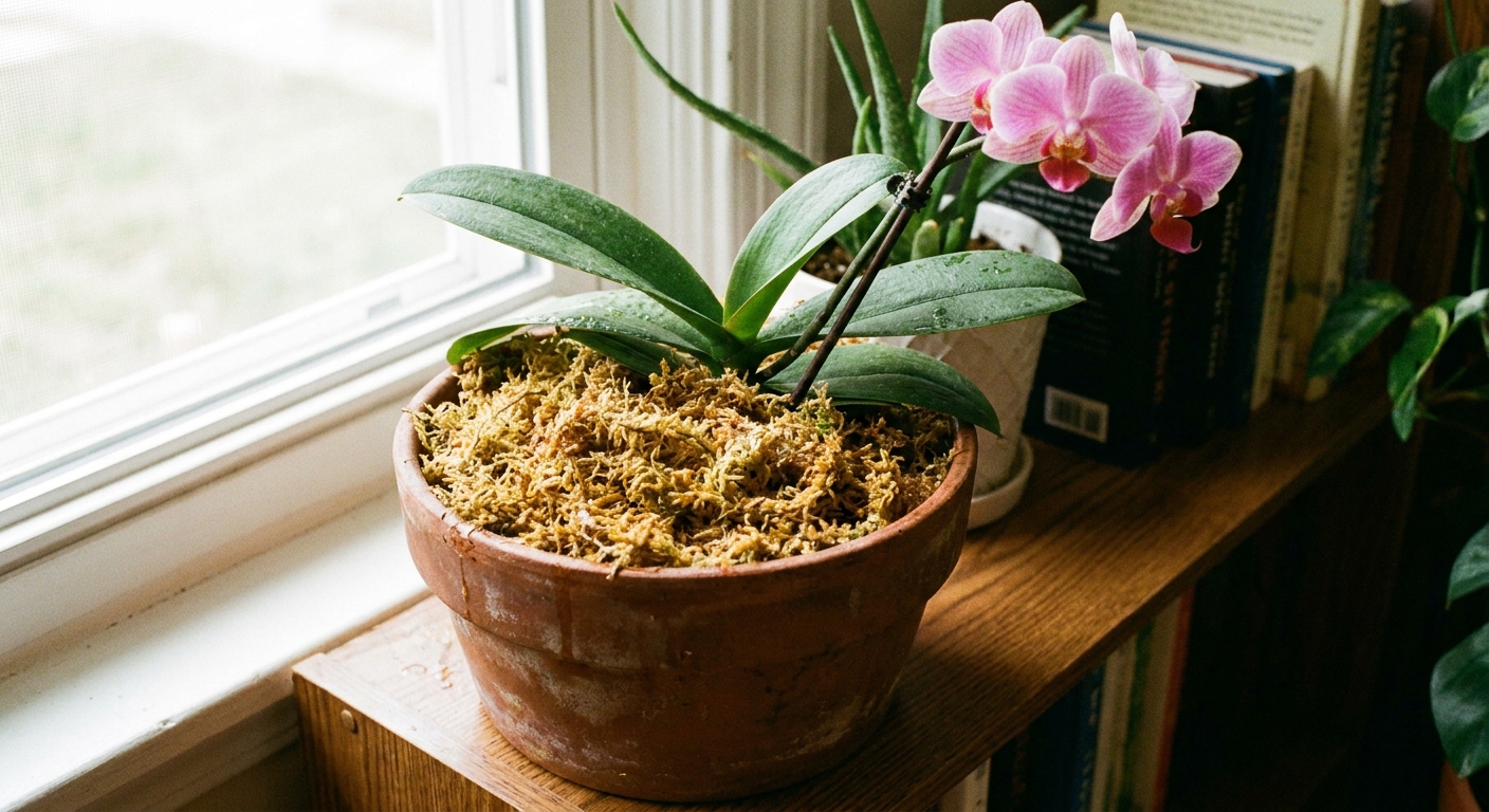 A potted orchid planted in sphagnum moss sitting on an indoor shelf, with the moss surface visible and slightly damp in soft window light