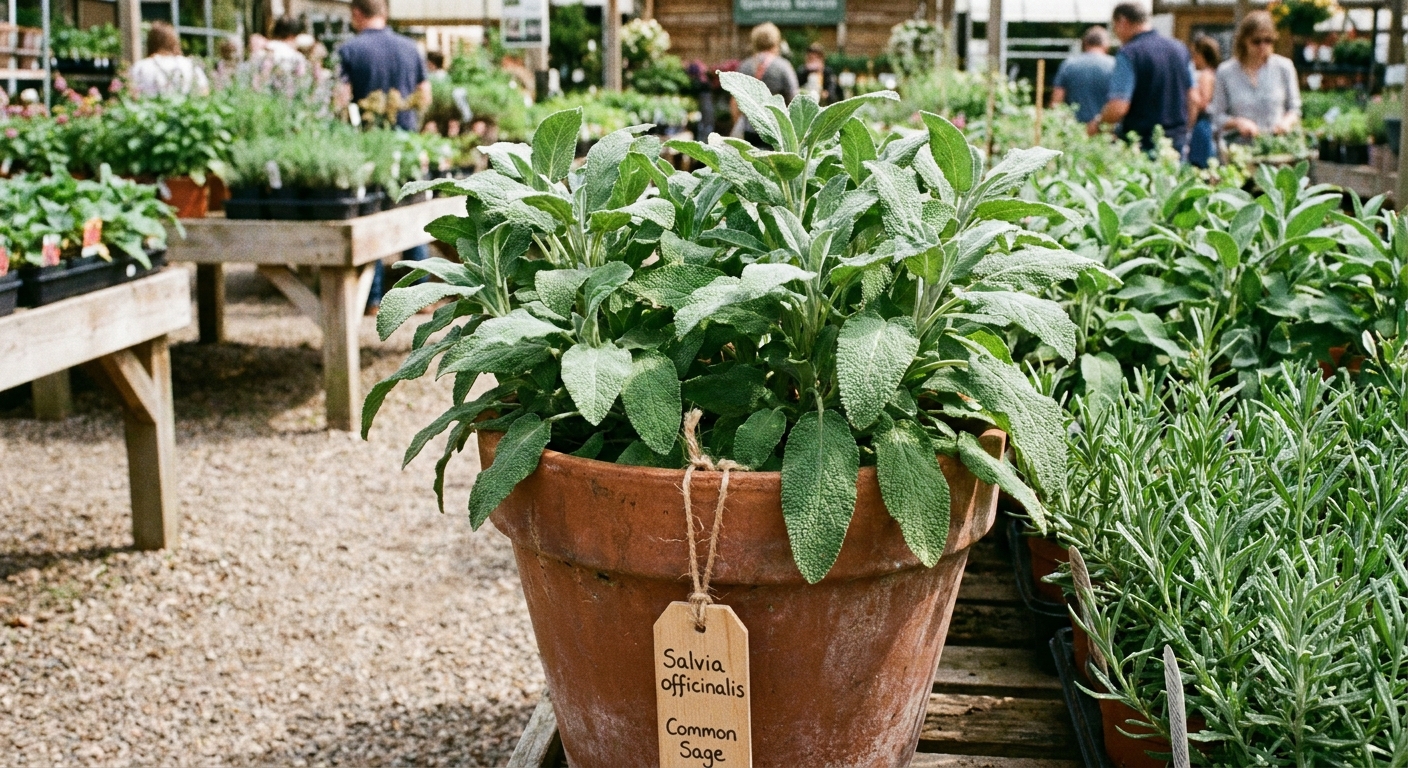 A potted sage plant at a garden center with a visible Salvia officinalis label and textured gray green leaves, real photograph