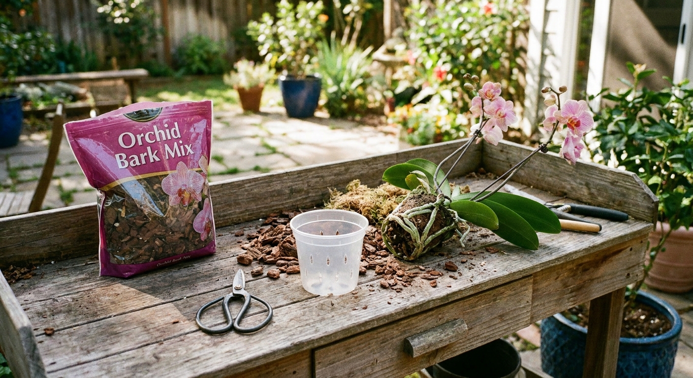 A potting bench with orchid bark mix, clean scissors, a clear orchid pot, and an orchid ready for repotting, realistic home gardening photo