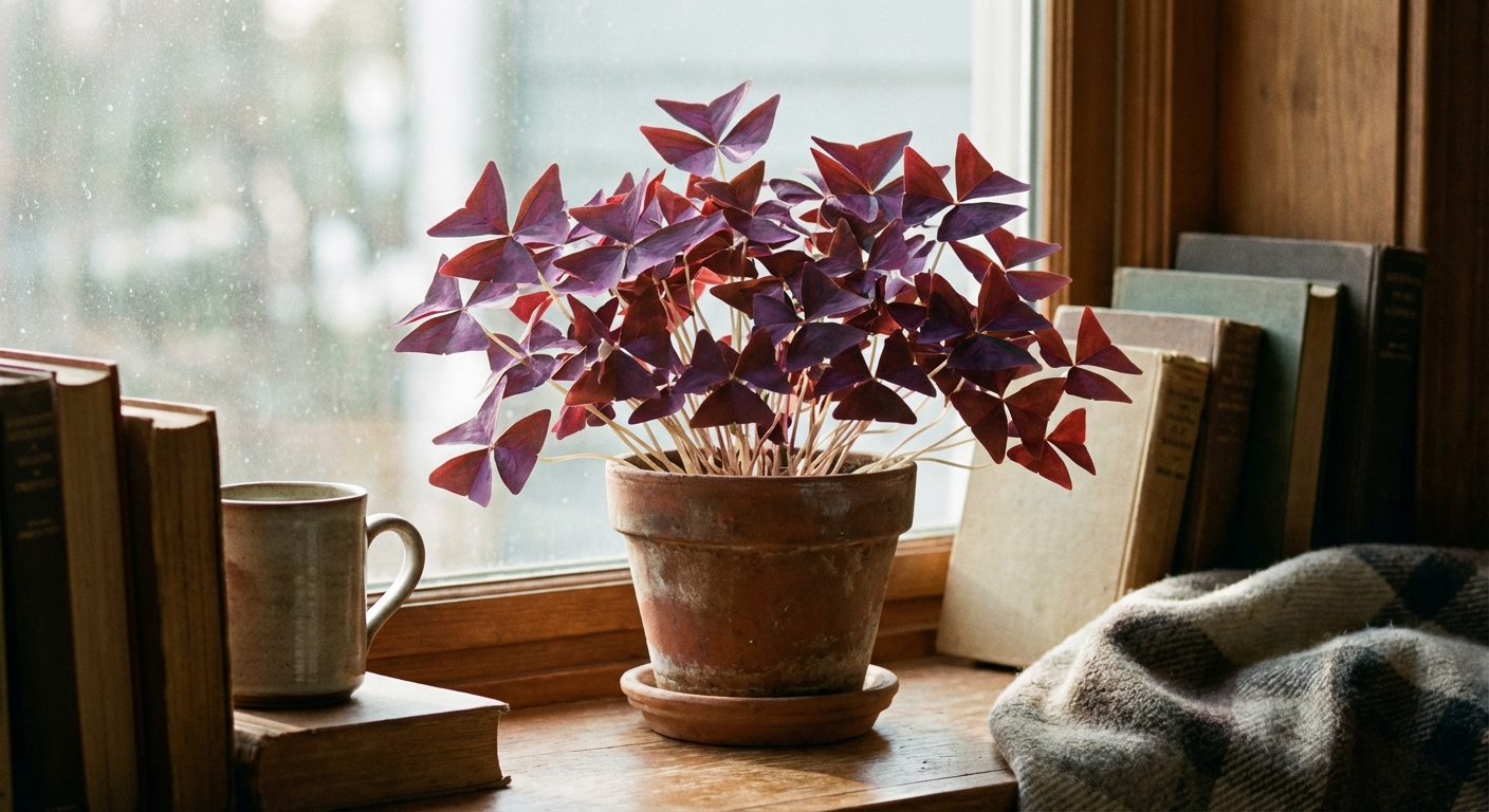 A purple shamrock plant in a small terracotta pot placed near an east-facing window, leaves open and catching soft morning light, cozy indoor setting, photorealistic