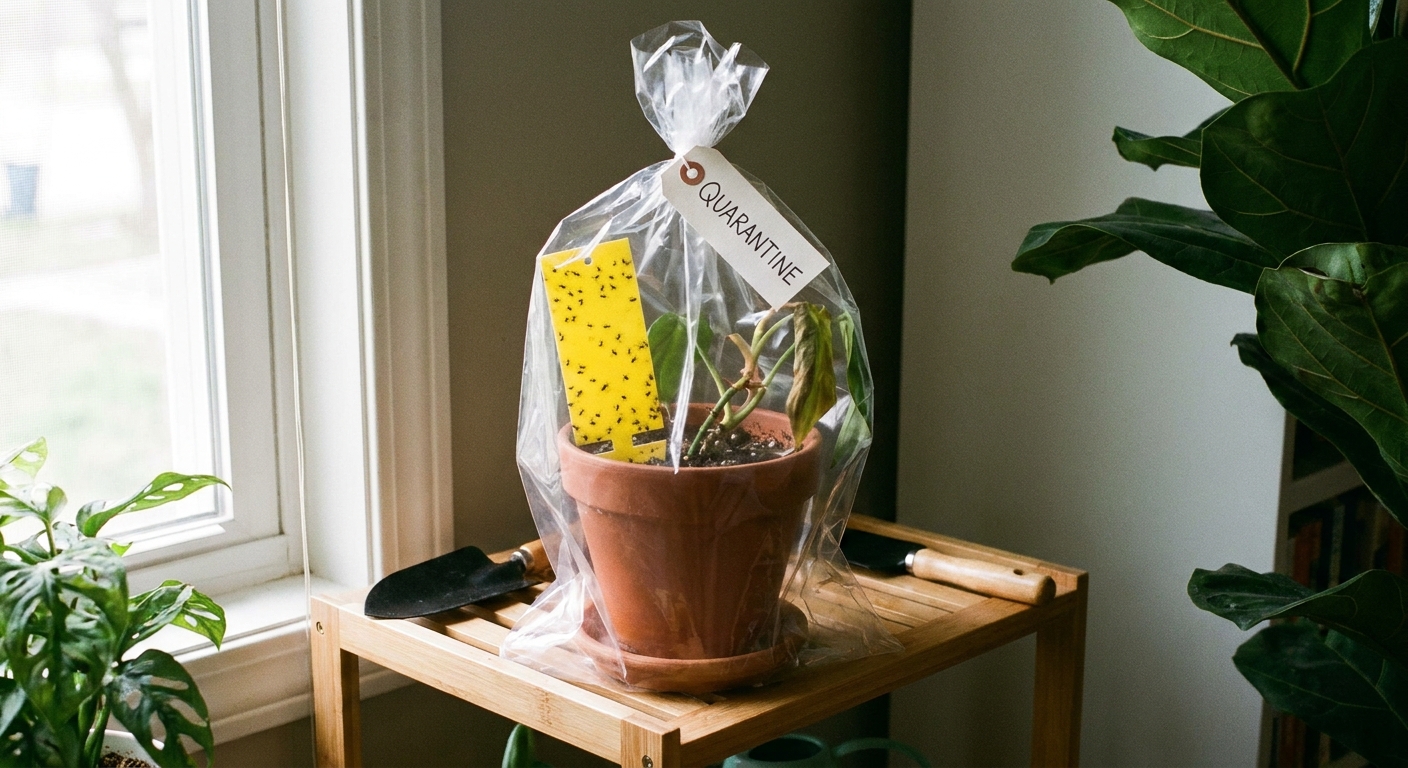 A quarantined houseplant on a small indoor shelf with a yellow sticky trap placed in the pot to monitor flying pests, real photograph