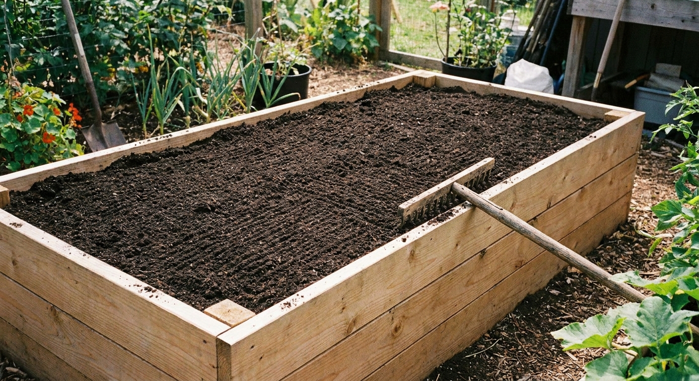 A raised garden bed filled with dark, loose soil freshly raked smooth and ready for seeding, real photo style